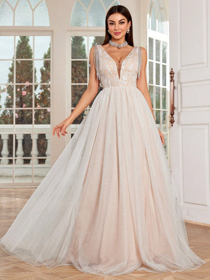 Dressime Stylish A Line V Neck Tulle Appliques Long Formal Dress With Fringes