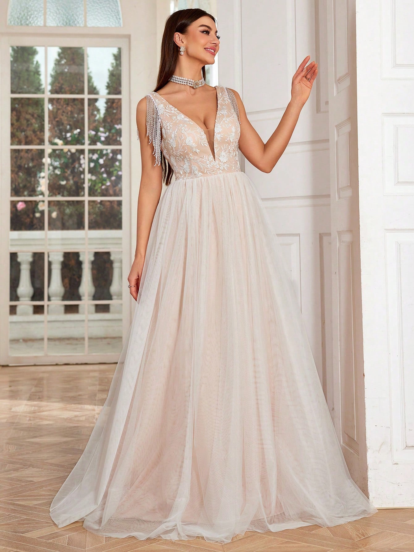 Dressime Stylish A Line V Neck Tulle Appliques Long Formal Dress With Fringes