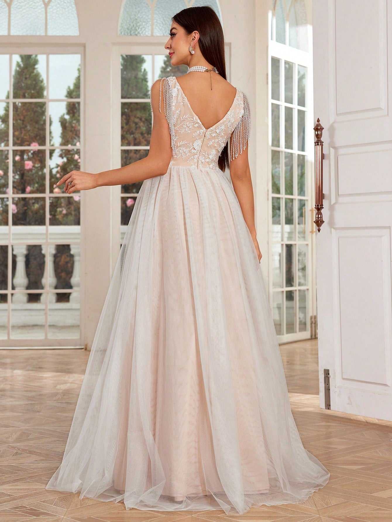 Dressime Stylish A Line V Neck Tulle Appliques Long Formal Dress With Fringes