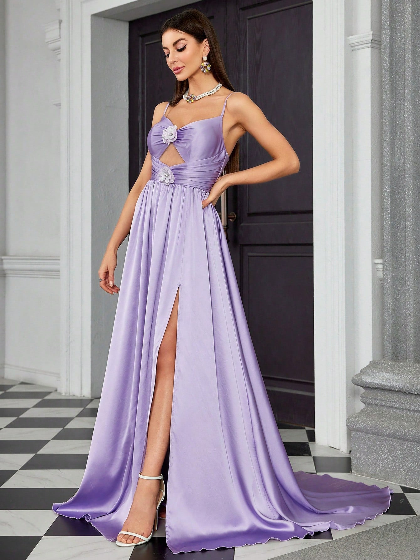 Dressime Elegant A Line Spaghetti Straps Satin Keyhole Long Formal Dress With Slit