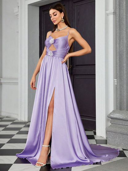 Dressime Elegant A Line Spaghetti Straps Satin Keyhole Long Formal Dress With Slit