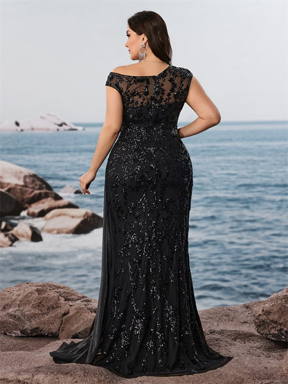 Dressime Plus Size Sheath One Shoulder Appliques Long Formal Dress With Train
