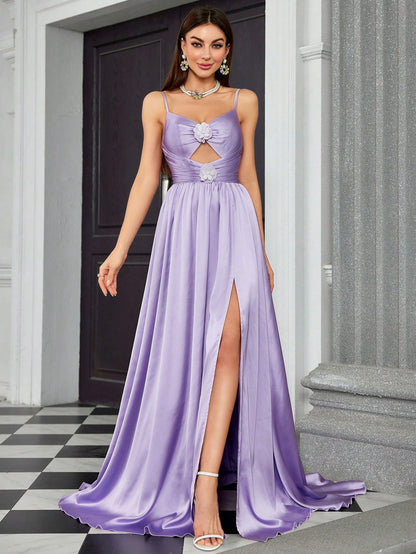 Dressime Elegant A Line Spaghetti Straps Satin Keyhole Long Formal Dress With Slit