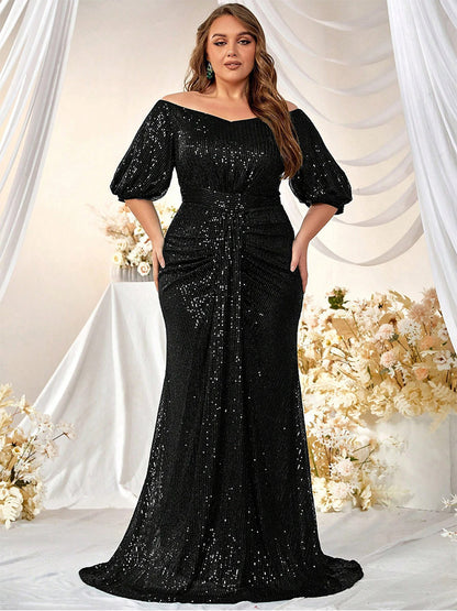 Dressime Sparkly Sheath Off The Shoulder Sequin Half Sleeves Long Formal Dress