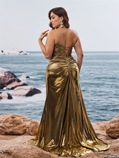 Dressime Plus Size Sparkly Sheath Strapless Metallic Long Formal Dress