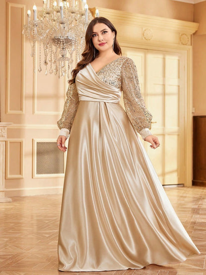 Dressime Plus Size A Line V Neck Long Sleeves Satin Sequin Long Formal Dress