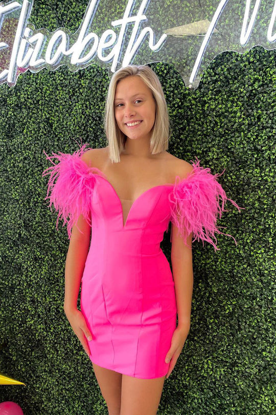 dressimeOff the Shoulder Pink Homecoming Dresses V Neck Above Knee Short Cocktail Dresses 