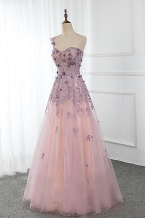 Dressime A Line One Shoulder Tulle Long Prom Dress With Appliques Beaded