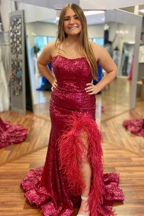 Dressime Plus Size Sheather Strapless Sequin Feather Long Prom Dress with Slit