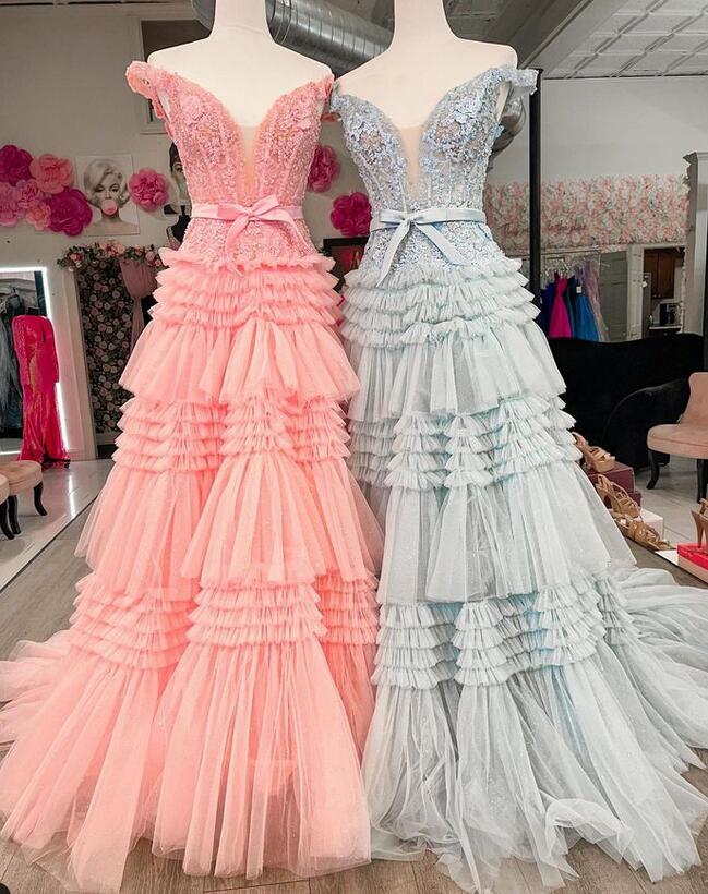 Dressime Princess A Line Off the Shoulder Tiered Long Prom Dresses with Ruffles