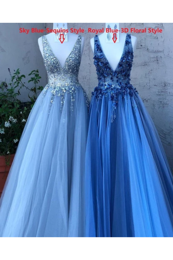 Dressime A Line V Neck Tulle  Long Prom Dresses With Beaded