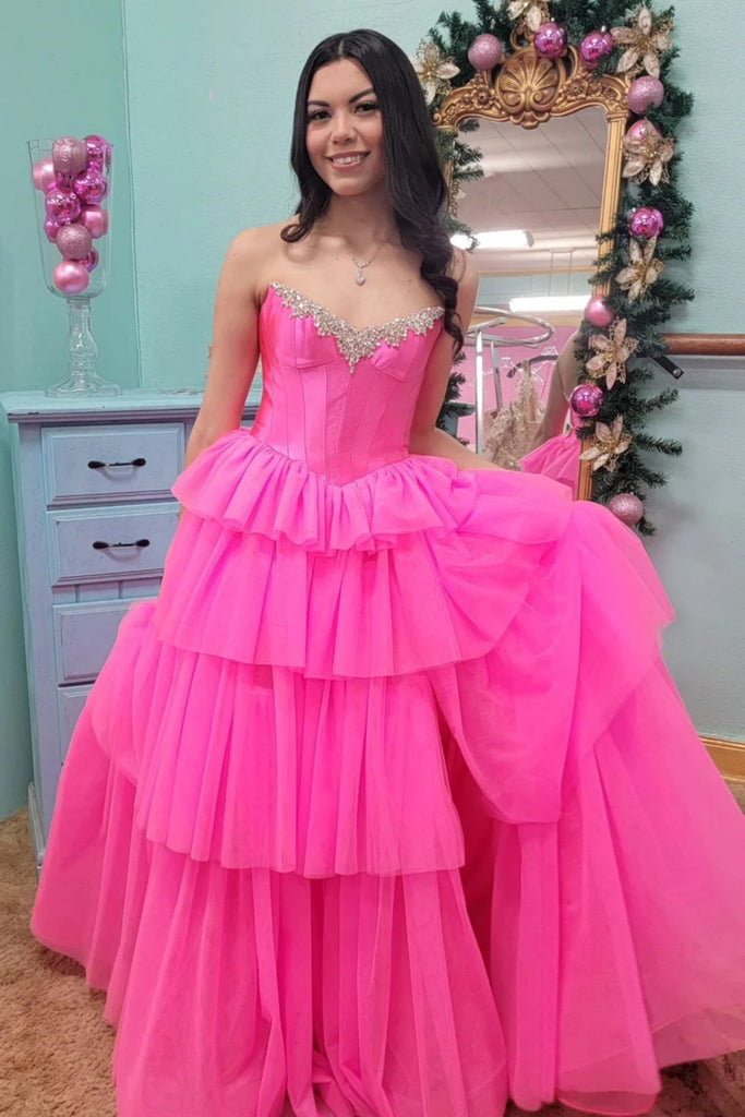 Dressime A Line Strapless Tulle Tiered Slit Long Prom Dress With Beaded