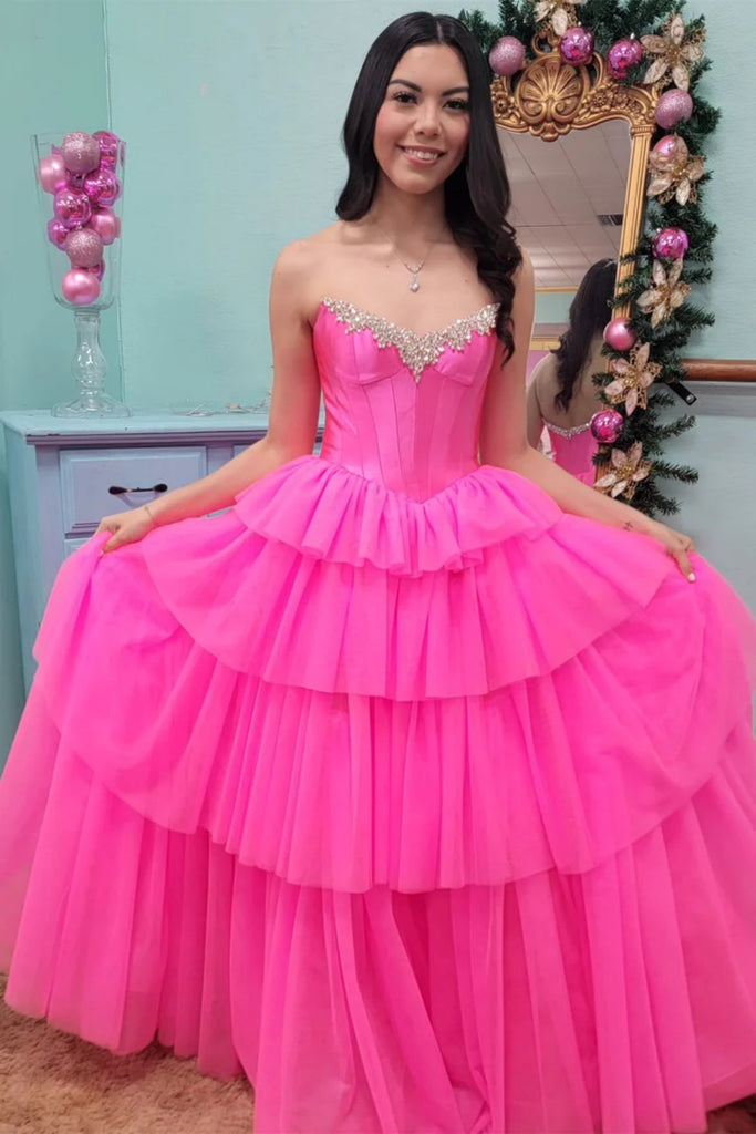 Dressime A Line Strapless Tulle Tiered Slit Long Prom Dress With Beaded