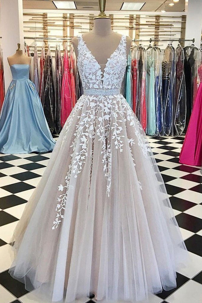 Dressime Plus Size A Line V Neck Tulle Beads Prom Dresses With Appliques
