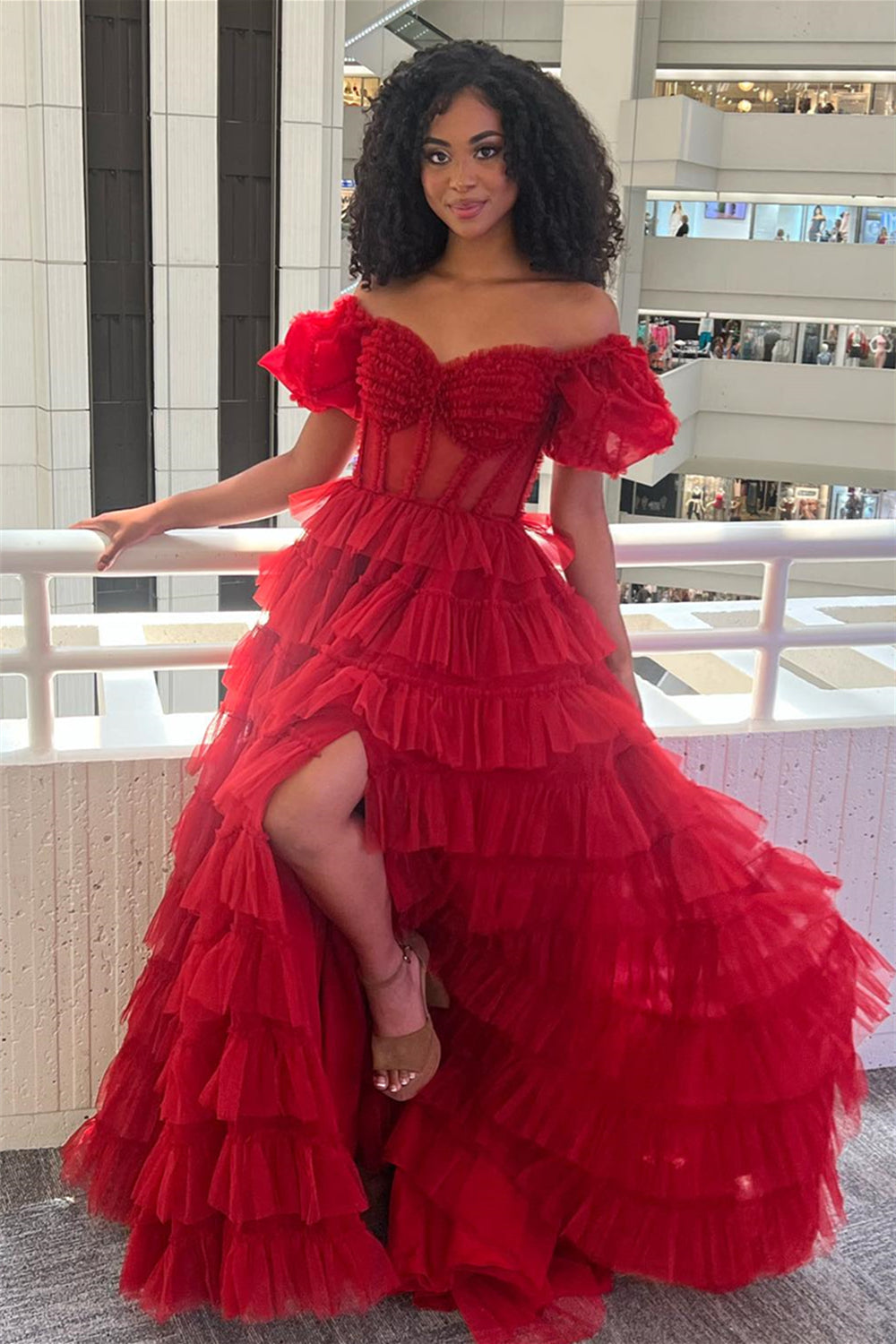 Dressime A Line Off the Shoulder Tulle Prom Dress With Slit