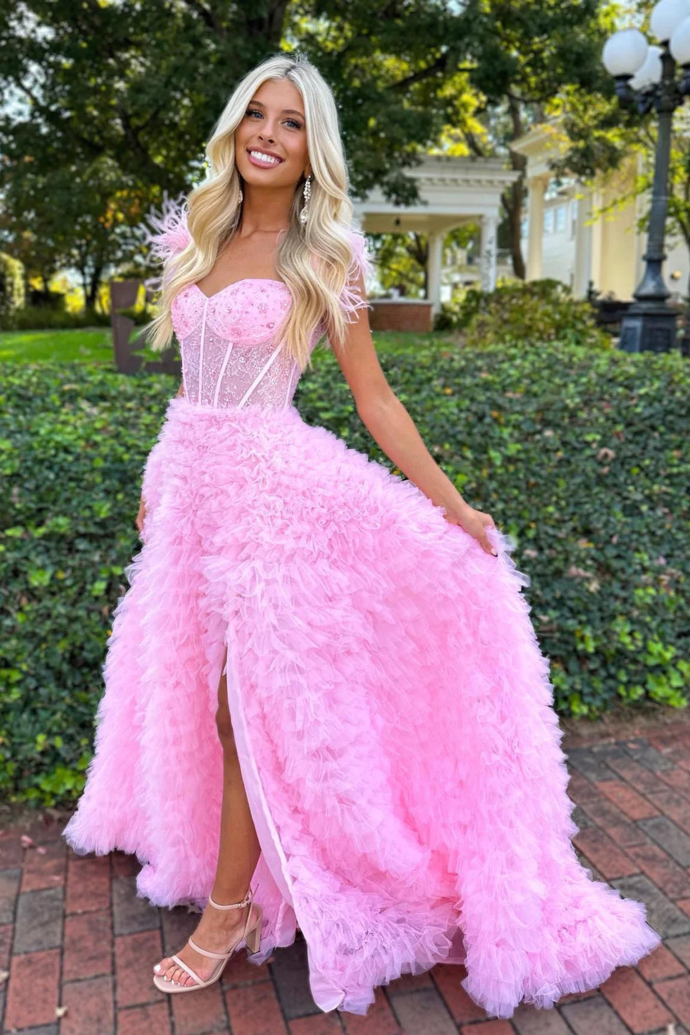 Dressime Princess A Line Off the Shoulder SlitLong Prom Dresses with Feather