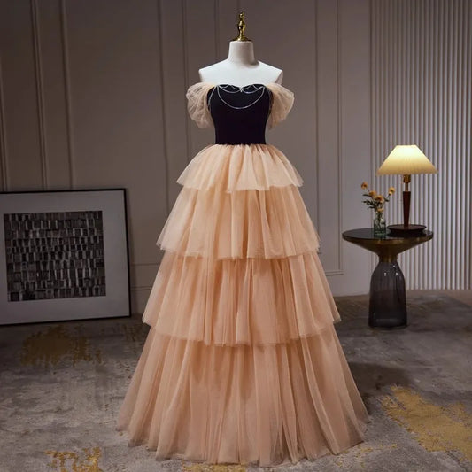 Dressime A Line Off The Shoulder Tulle Rhinestone Tiered Ruffles Long Party Dress