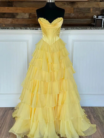 Dressime A Line Sweetheart Chiffon Corset Tiered Long Prom Dress