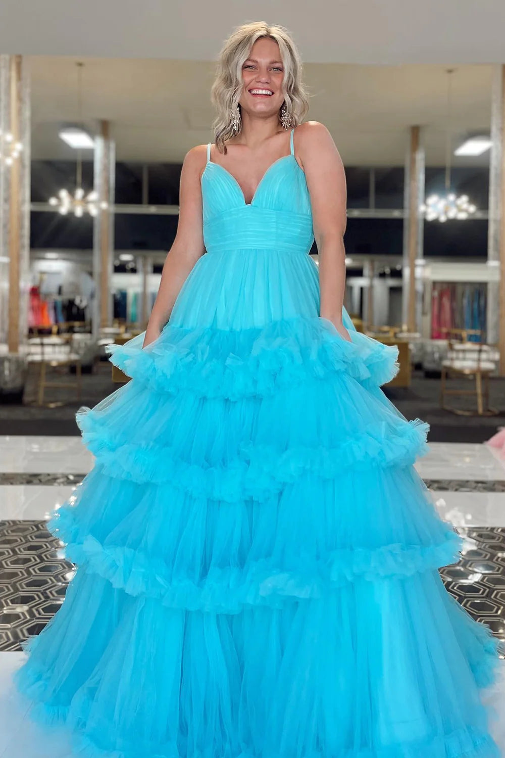 Dressime Ball Gown Spaghetti Straps Corset Tiered Tulle Long Prom Dress