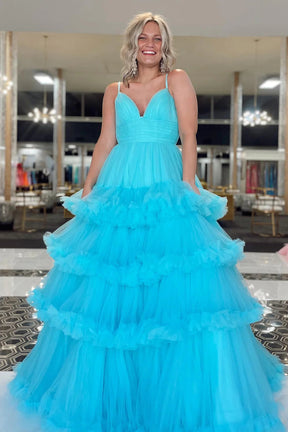 Dressime Ball Gown Spaghetti Straps Corset Tiered Tulle Long Prom Dress