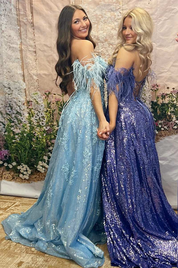 dressimeA Line Appliques Slit Long Prom Dresses with Feather 