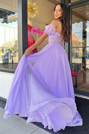 dressimeA-Line Chiffon Applique Sweetheart Prom Dress with Puff Sleeves 