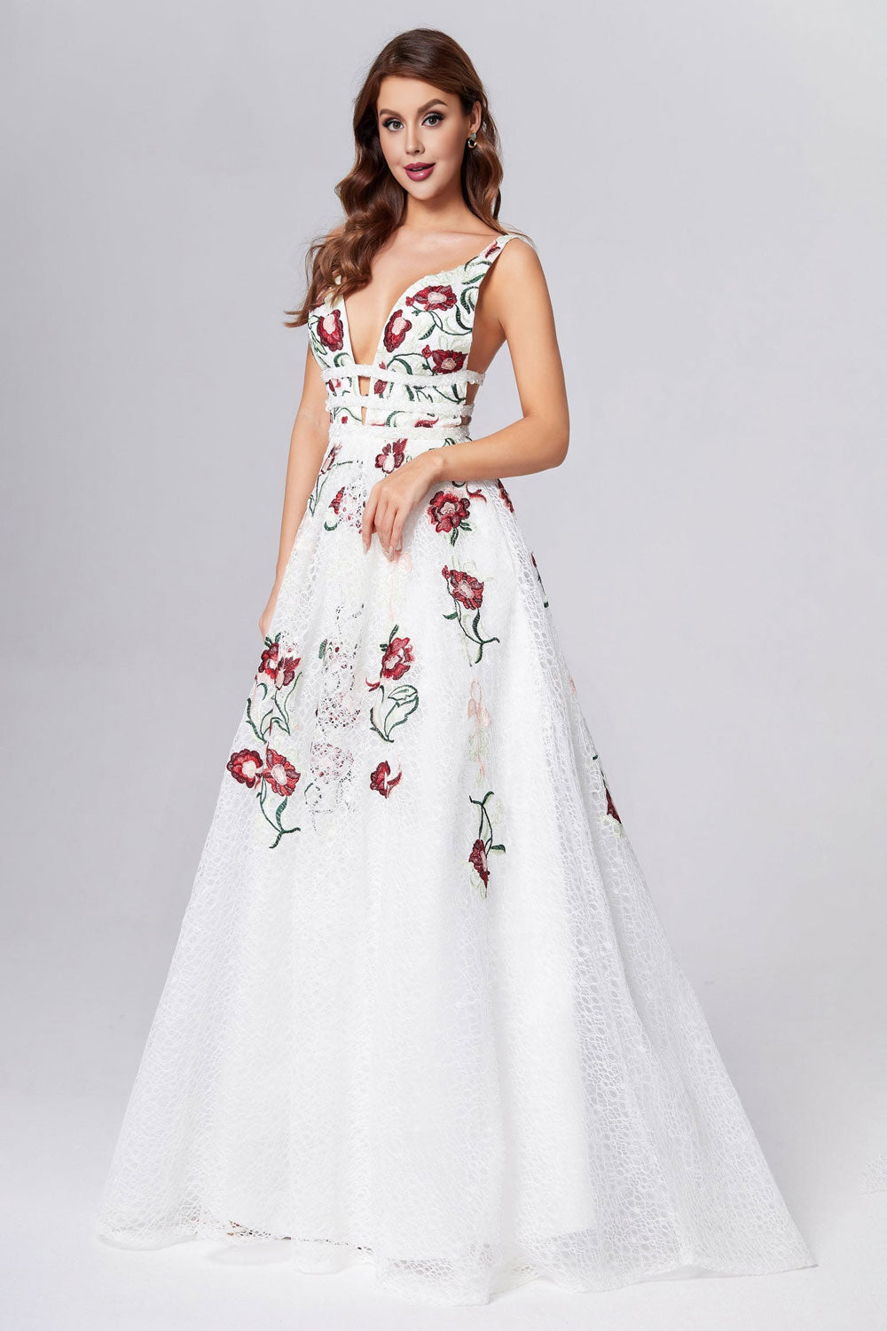 dressimeA Line Elegant V Neck Lace Prom Dresses Backless With Floral 
