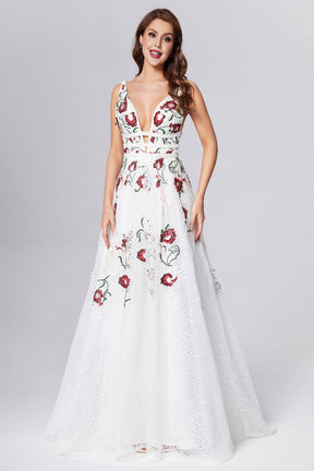 dressimeA Line Elegant V Neck Lace Prom Dresses Backless With Floral 