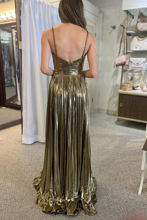 dressimeA Line Key Hole Metallic Pleated Long Prom Dress with Slit 