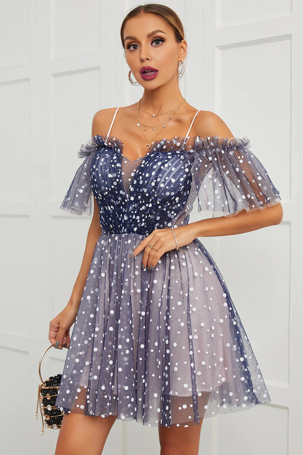 dressimeA Line Off the Shoulder Lace up Cute Tulle Homecoming Dresses 