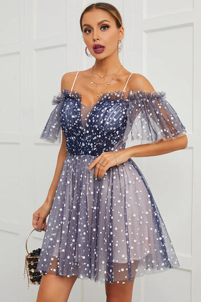 dressimeA Line Off the Shoulder Lace up Cute Tulle Homecoming Dresses 