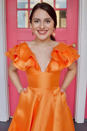 dressimeA Line Orange V-Neck Ruffled Sleeve Empire Long Prom Dress 