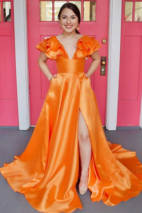 dressimeA Line Orange V-Neck Ruffled Sleeve Empire Long Prom Dress 