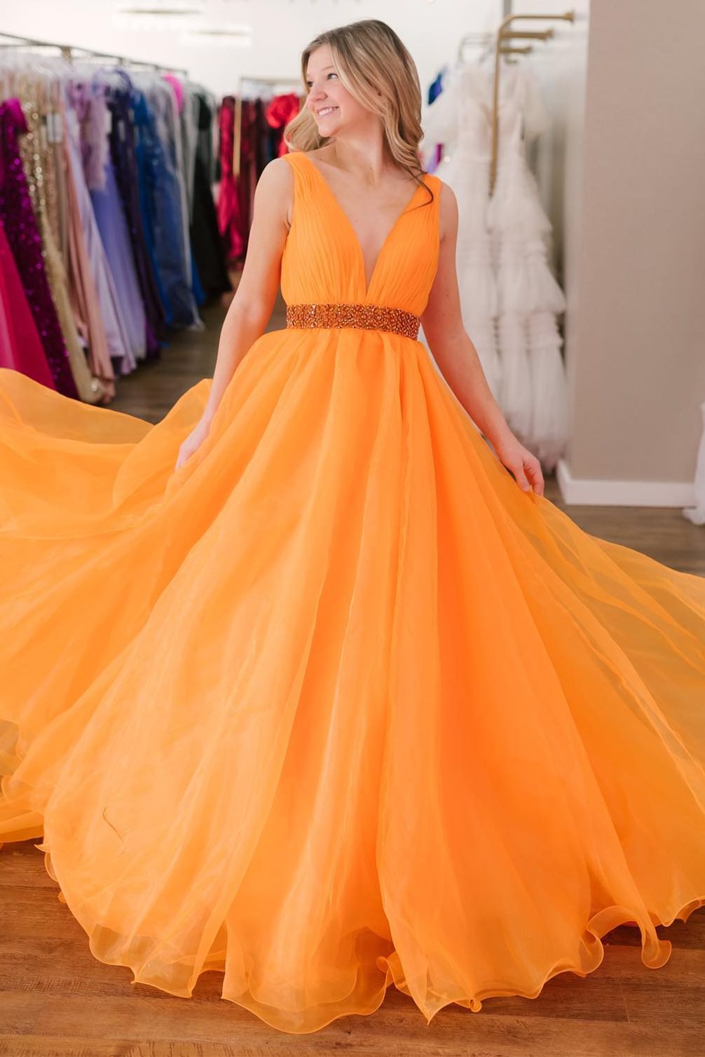 dressimeA-Line Organza Plunge V Neck Long Prom Dress with Beaded Sash 