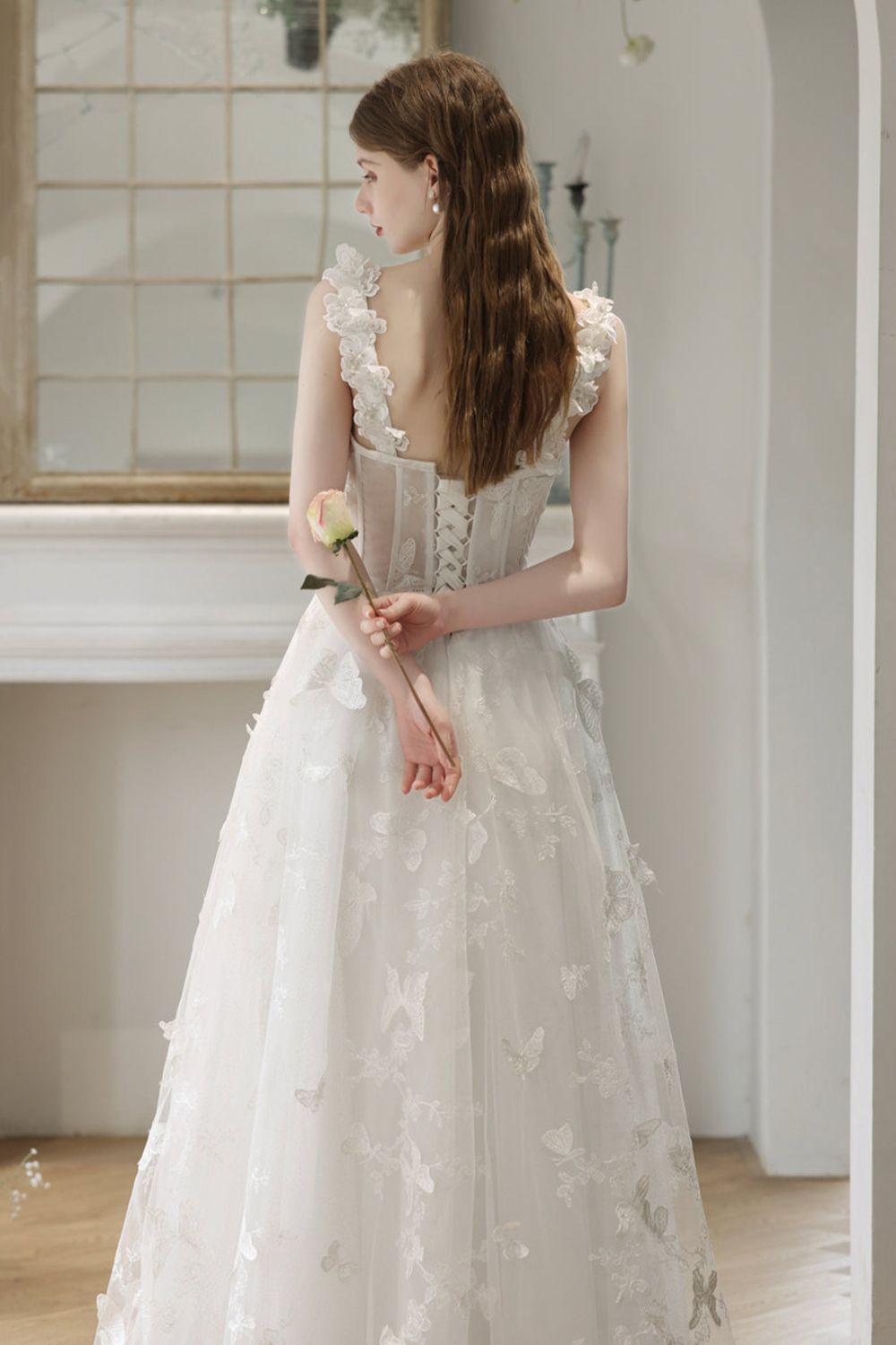 dressimeA-Line/Princess Sleeveless Spaghetti Straps Floor-Length Butterfly Tulle Prom Dresses 