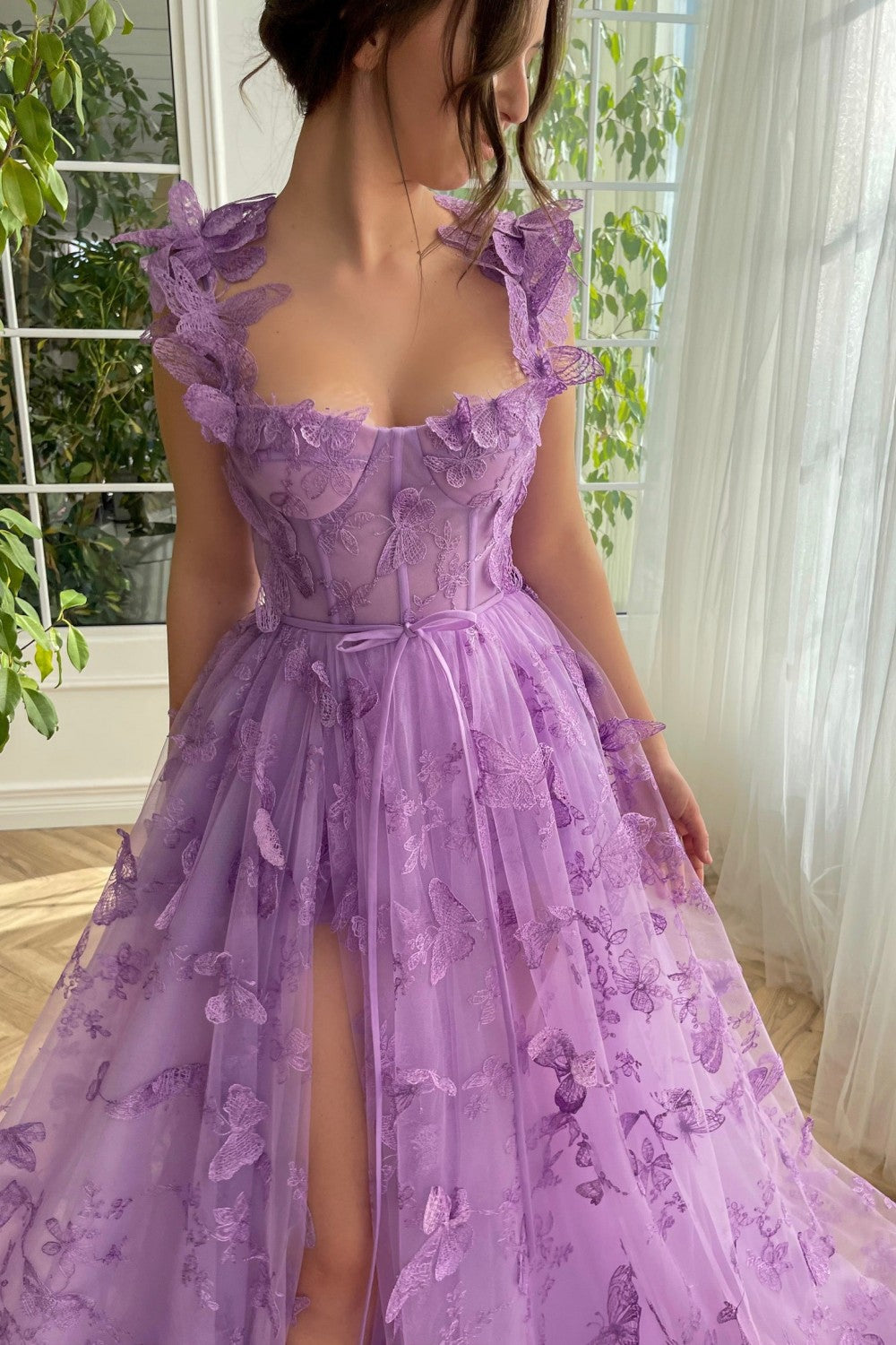 dressimeA-Line/Princess Sleeveless Spaghetti Straps Floor-Length Butterfly Tulle Prom Dresses 