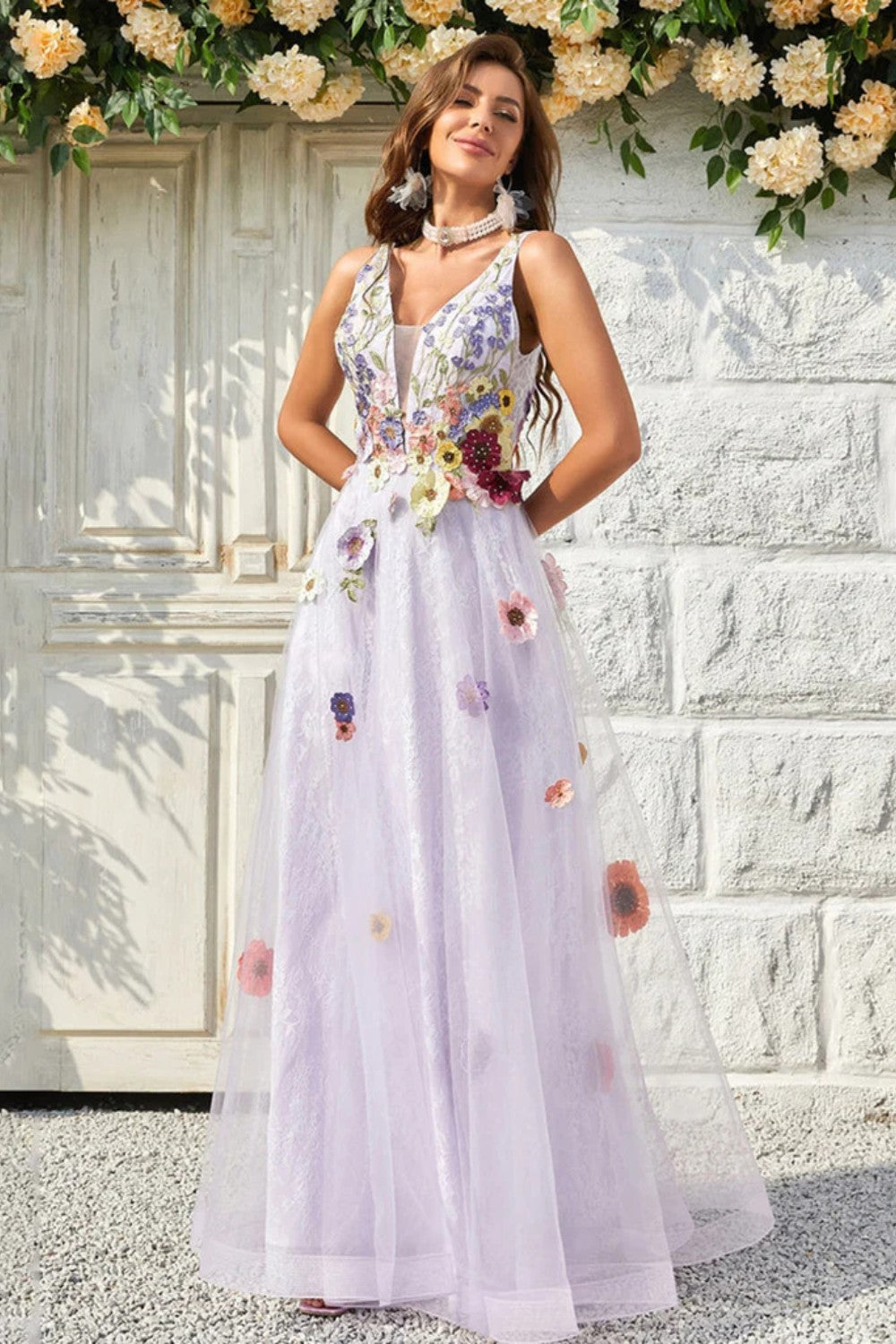 dressimeA-Line/Princess V-Neck Sleeveless Floor-Length Flower Tulle Prom Dresses 