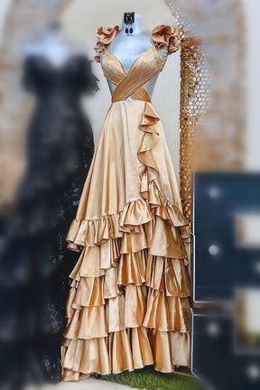 dressimeA Line Ruffled Straps Pleated Tiered Long Prom Dress 