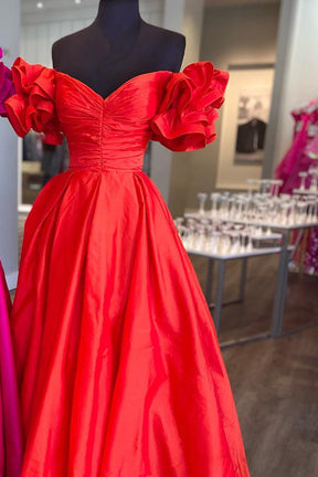 dressimeA-Line Satin Off The Shoulder Ruffled Sleeve Prom Dresses 