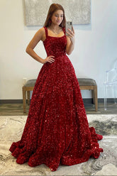 dressimeA-Line Sequins Straps Long Prom Dresses 