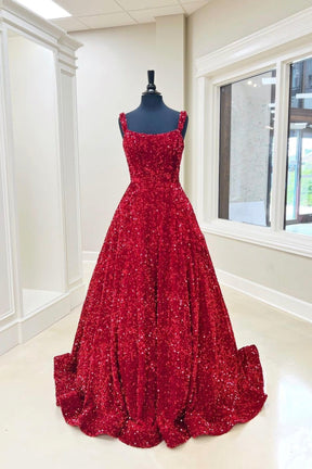 dressimeA-Line Sequins Straps Long Prom Dresses 