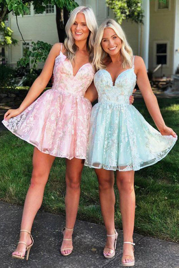 dressimeA Line Spaghetti Straps Blue Homecoming Dresses with Appliques V Neck Short Prom Dress 
