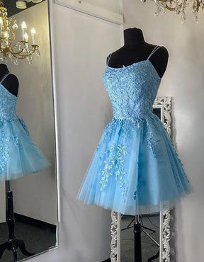 dressimeA Line Spaghetti Straps Homecoming Dresses with Appliques Short Cocktail Dresses 