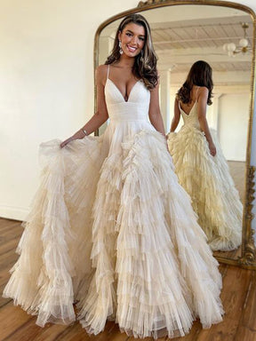 dressimeA-Line Spaghetti Straps Tiered Long Prom Dress With Slit 