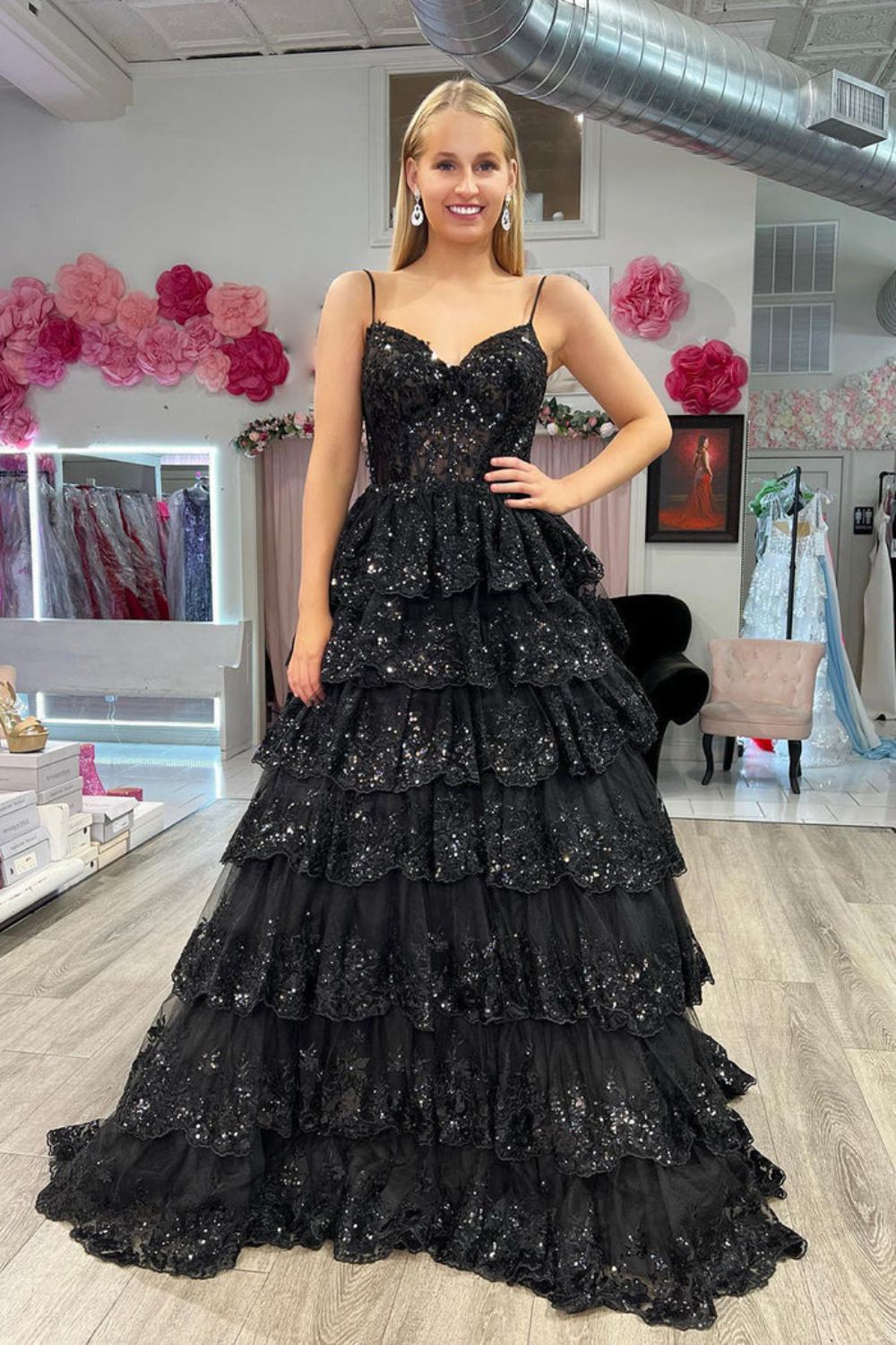 dressimeA Line Spaghetti Straps Tiered Sequin Embroidery Long Prom Dresses 