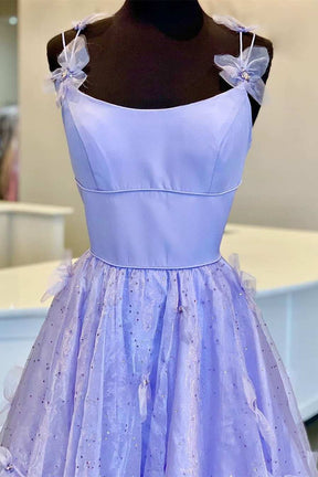 dressimeA Line Spaghetti Straps Tulle Prom Dresses With 3D Flower 