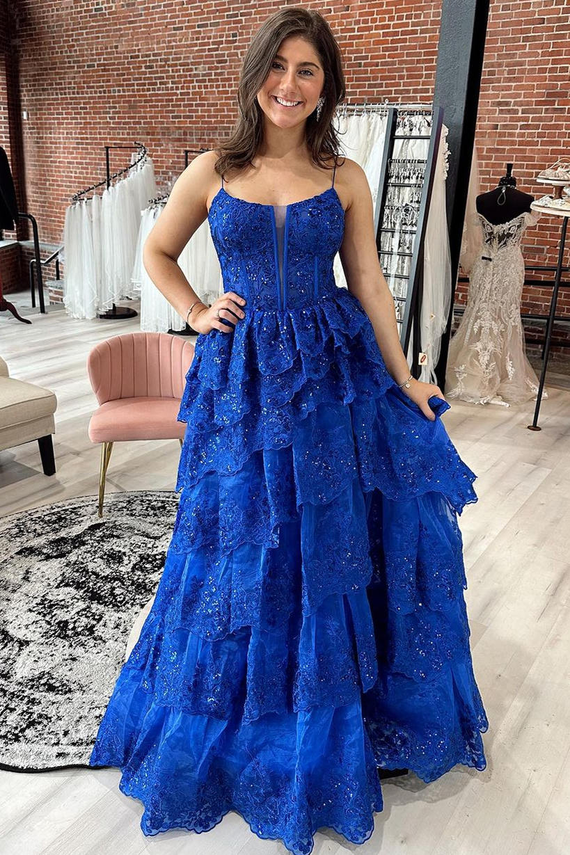 dressimeA-Line Spaghetti Straps Tulle Tiered Prom Dress with Sequins 