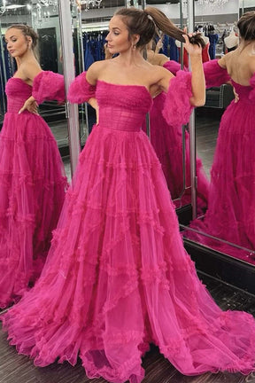 dressimeA-Line Strapless Corset Ruffled Tiered Long Prom Dresses 