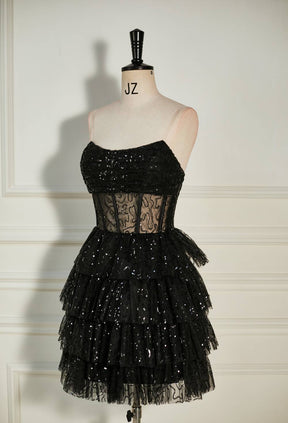 dressimeA-Line Strapless Sleeveless Black Sequin Homecoming Dress 