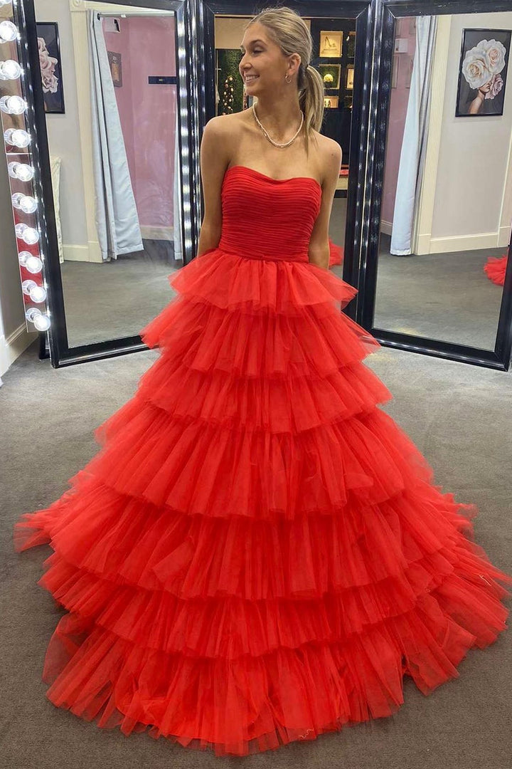 dressimeA-Line Strapless Tiered Tulle Long Prom Dresses 